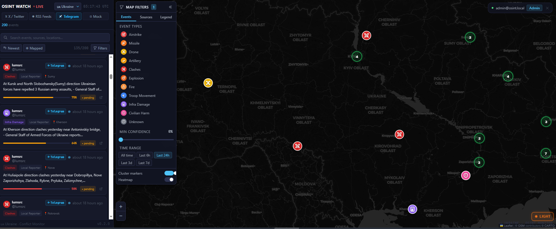 Mapalytica OSINT geospatial intelligence platform — Ukraine conflict event map